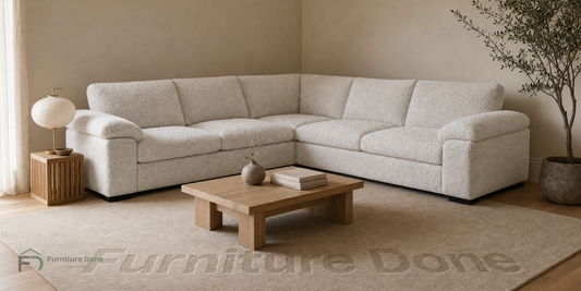 Amalfi Symmetrical Sofa in Teddy Bouclé White — Furniture Done