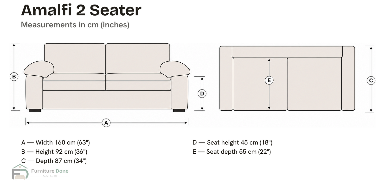 Amalfi 2 Seater Sofa dimensions — Furniture Done