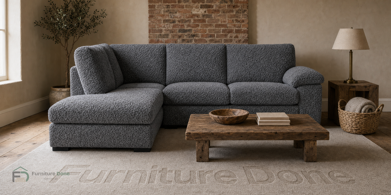 Amalfi Large Corner Sofa LH in Teddy Bouclé Grey — Furniture Done