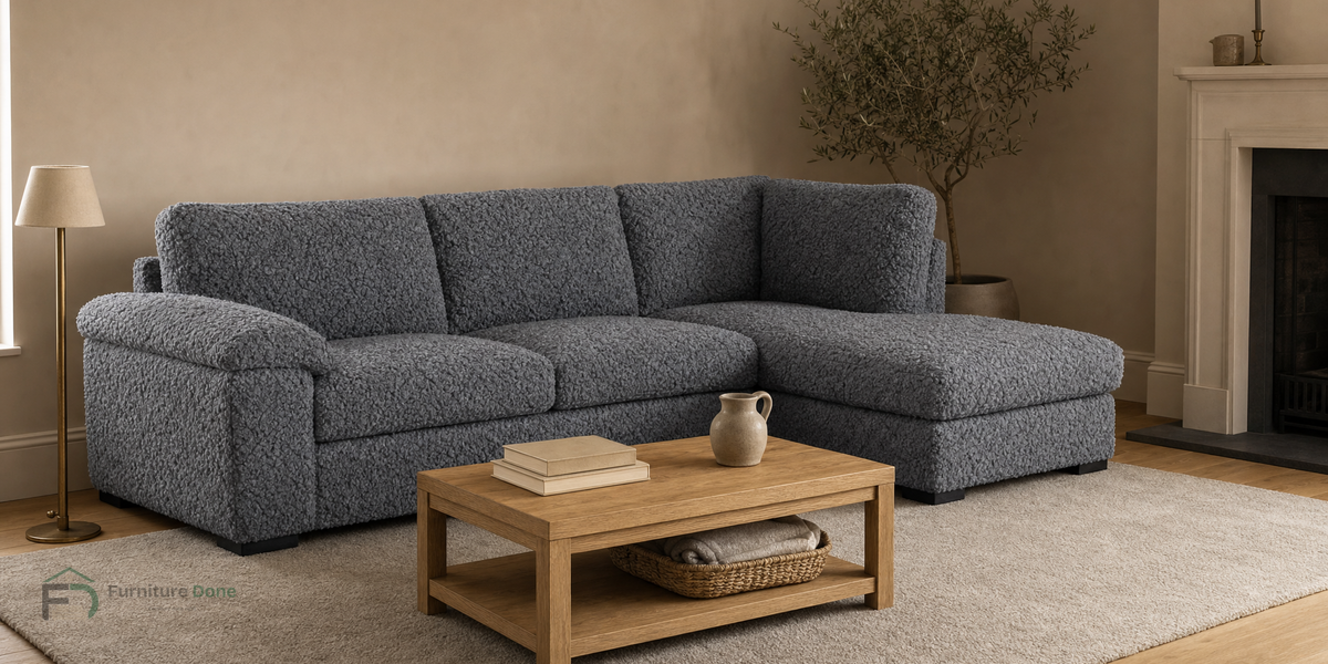 Amalfi Large Corner Sofa RH in Teddy Bouclé Grey — Furniture Done