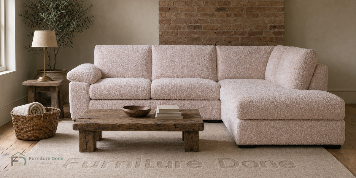 Amalfi Large Corner Sofa RH in Teddy Bouclé Pink — Furniture Done