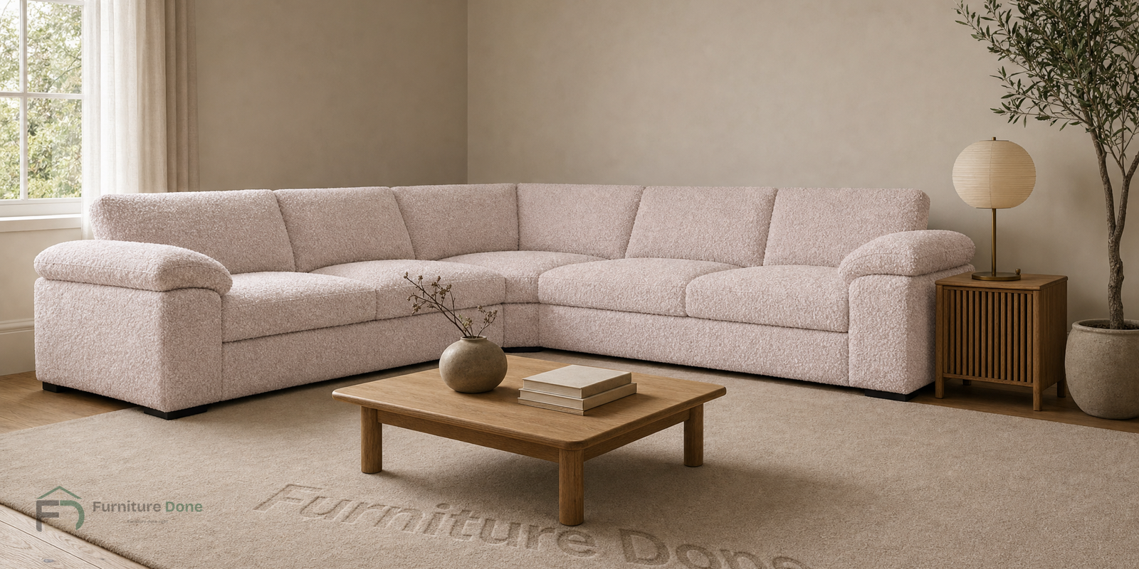 Amalfi Symmetrical Sofa in Teddy Bouclé Pink — Furniture Done