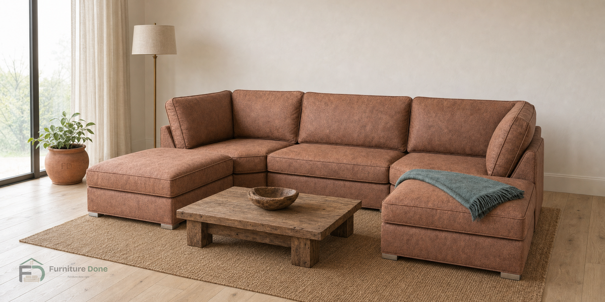 Bishop U Shape Sofa in Faux Leather Tan — Furniture Done