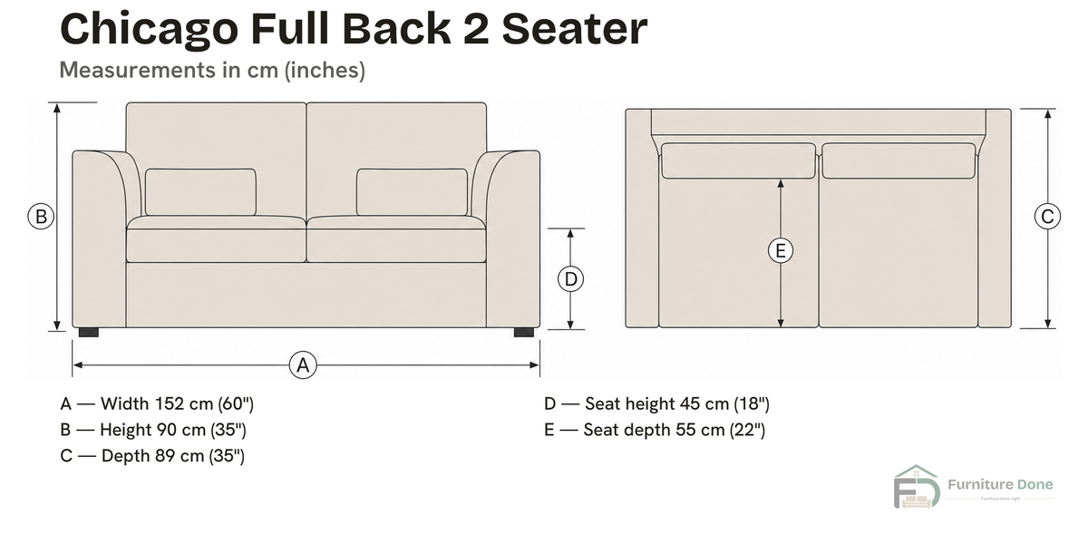 Chicago Full Back 2 Seater Sofa dimensions — Furniture Done