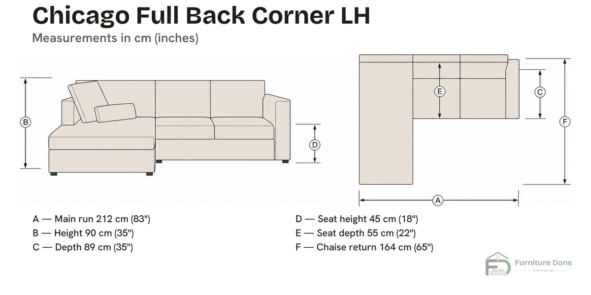 Chicago Full Back Corner Sofa LH dimensions — Furniture Done