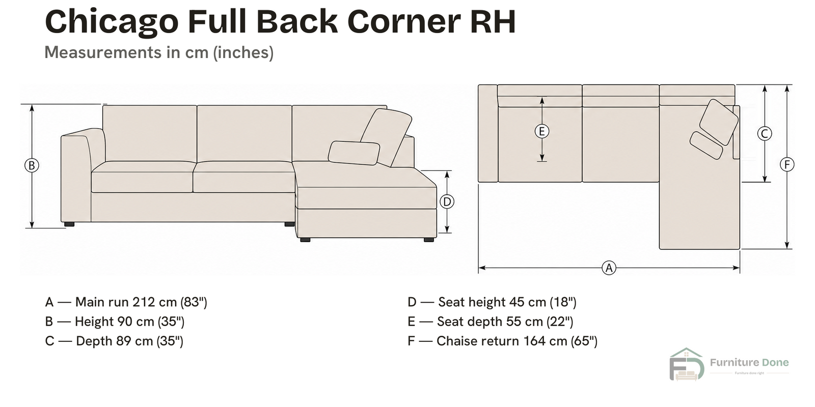 Chicago Full Back Corner Sofa RH dimensions — Furniture Done