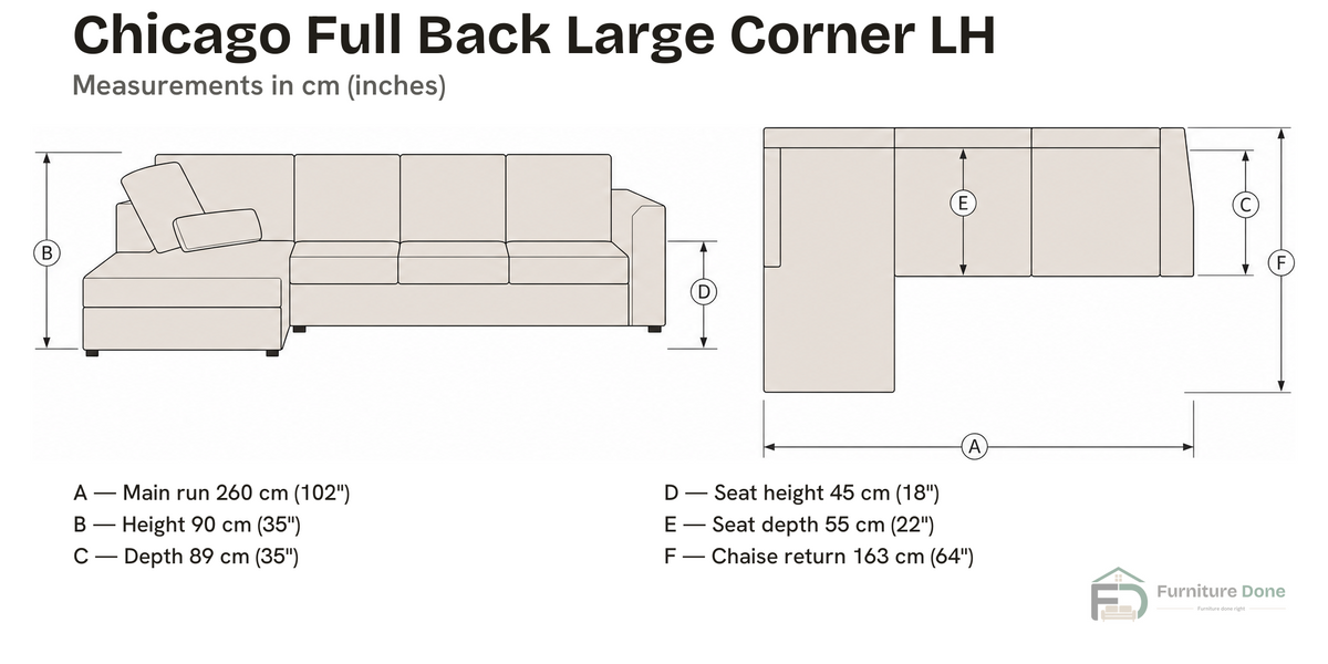 Chicago Full Back Large Corner Sofa LH dimensions — Furniture Done