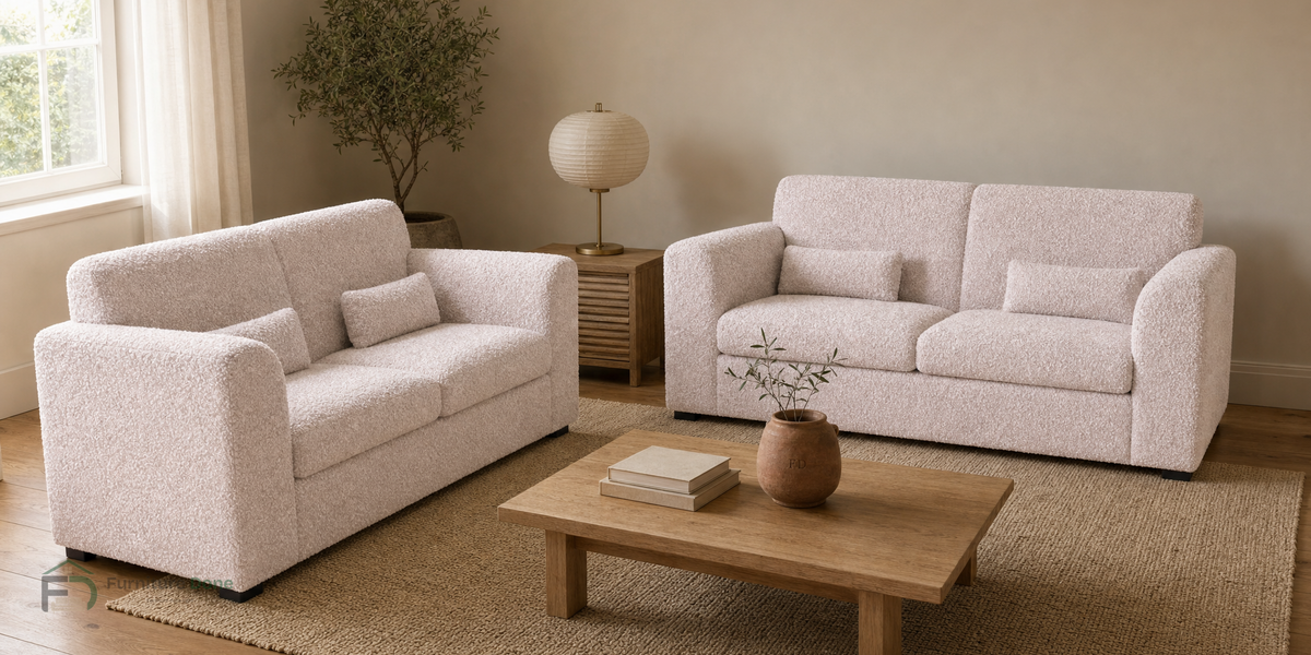 Chicago Full Back 2+2 Sofa Set in Teddy Bouclé Pink — Furniture Done