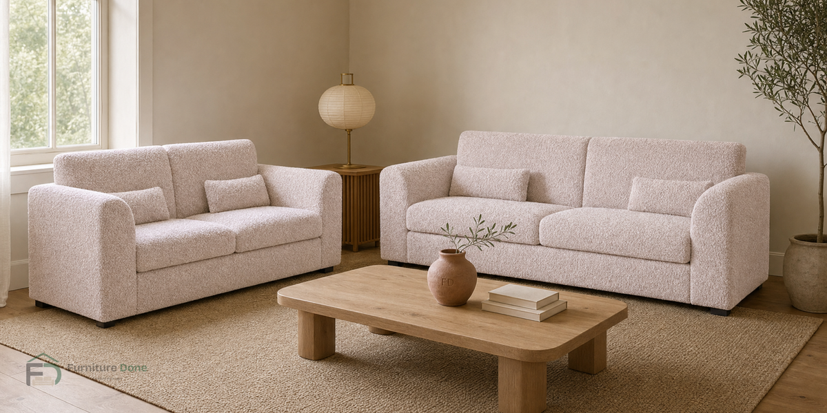 Chicago Full Back 3+2 Sofa Set in Teddy Bouclé Pink — Furniture Done
