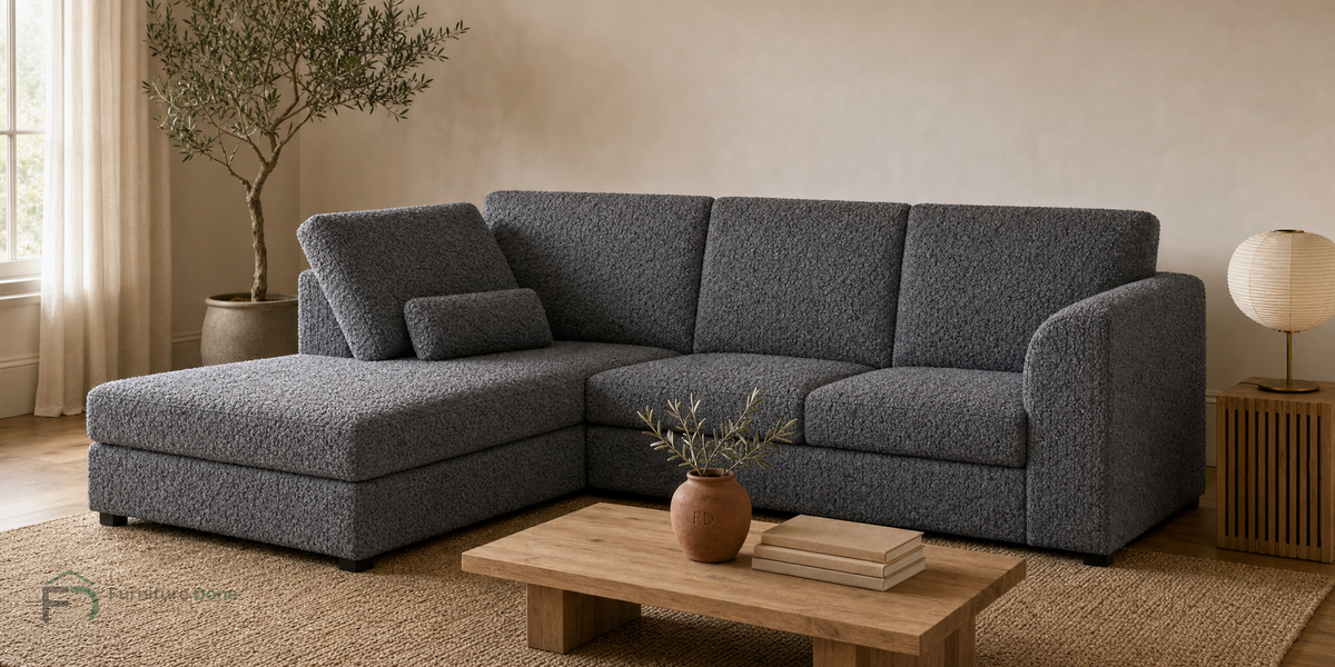 Chicago Full Back Corner Sofa LH in Teddy Bouclé Grey — Furniture Done