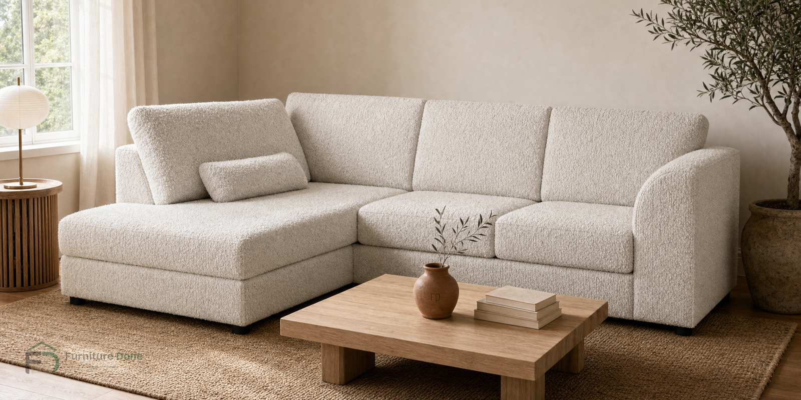 Chicago Full Back Corner Sofa LH in Teddy Bouclé White — Furniture Done