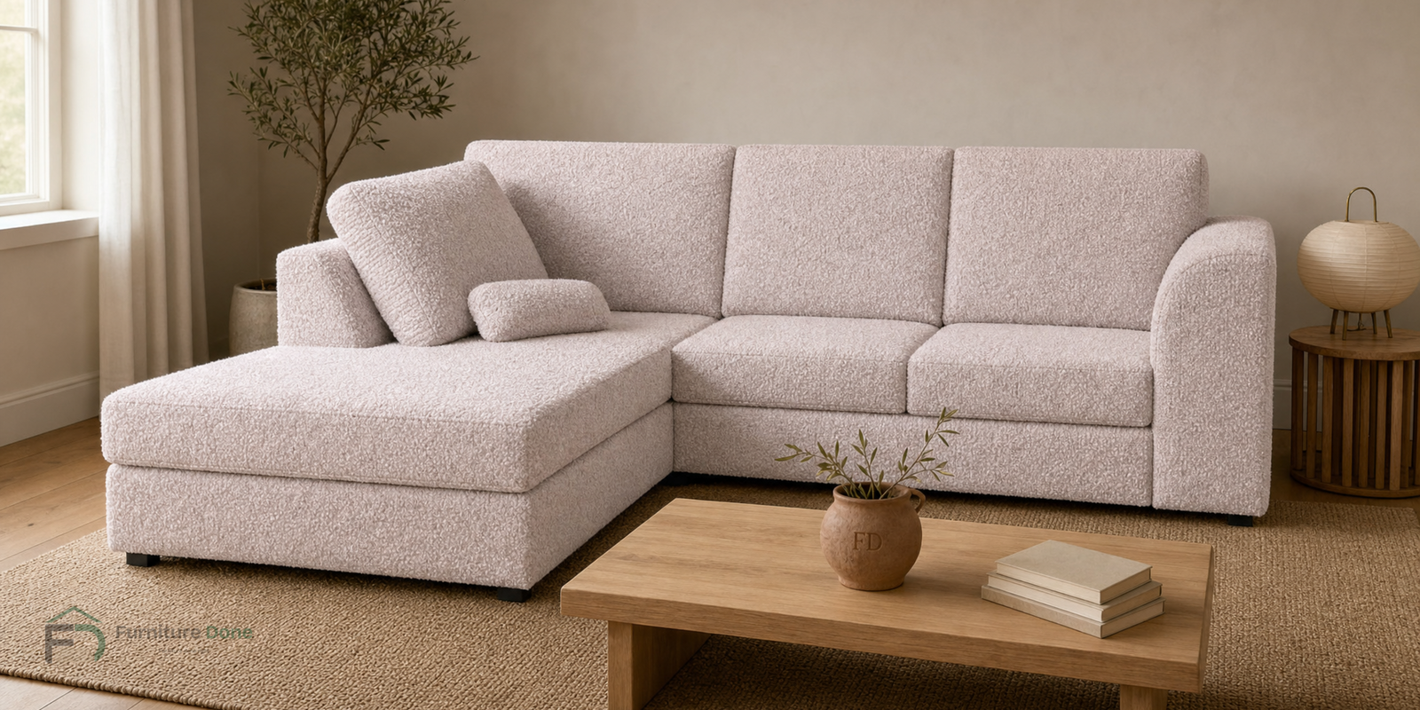 Chicago Full Back Corner Sofa LH in Teddy Bouclé Pink — Furniture Done