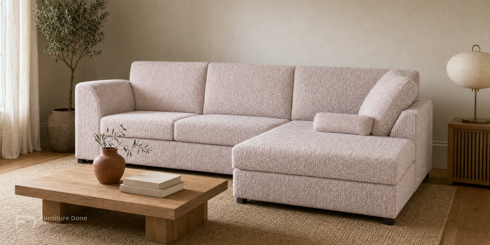Chicago Full Back Corner Sofa RH in Teddy Bouclé Pink — Furniture Done