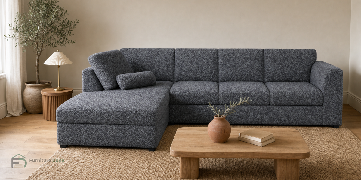Chicago Full Back Large Corner Sofa LH in Teddy Bouclé Grey — Furniture Done