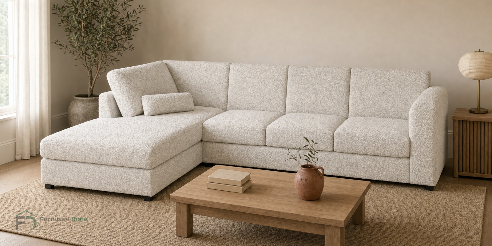 Chicago Full Back Large Corner Sofa LH in Teddy Bouclé White — Furniture Done