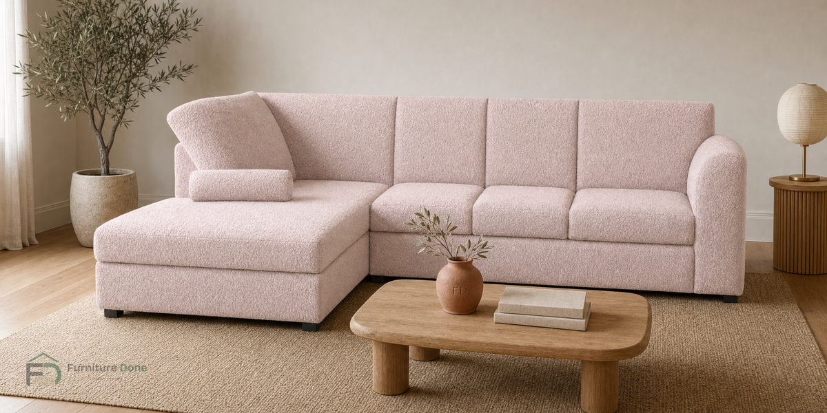 Chicago Full Back Large Corner Sofa LH in Teddy Bouclé Pink — Furniture Done