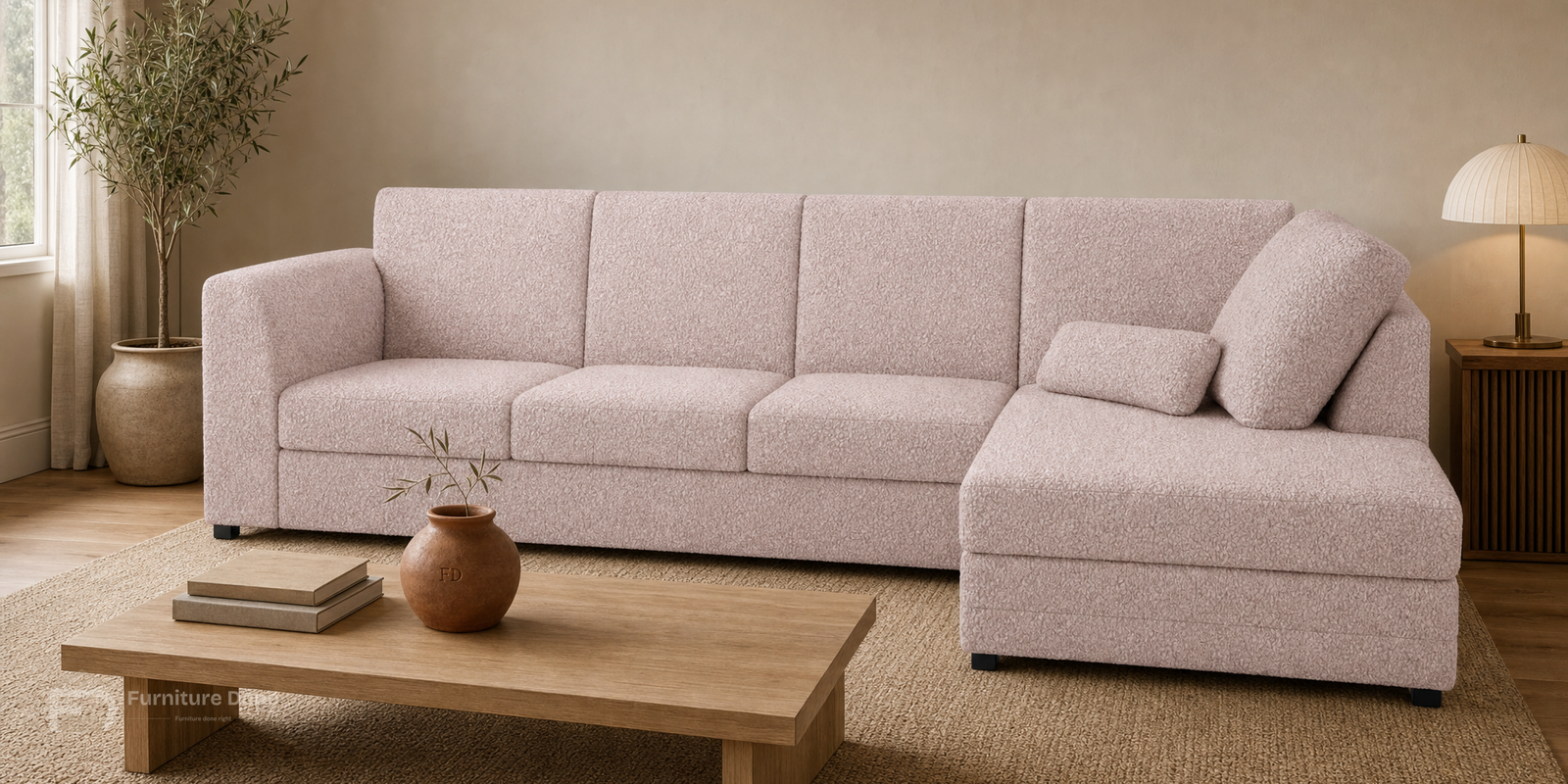 Chicago Full Back Large Corner Sofa RH in Teddy Bouclé Pink — Furniture Done