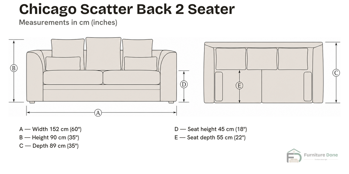 Chicago Scatter Back 2 Seater Sofa dimensions — Furniture Done
