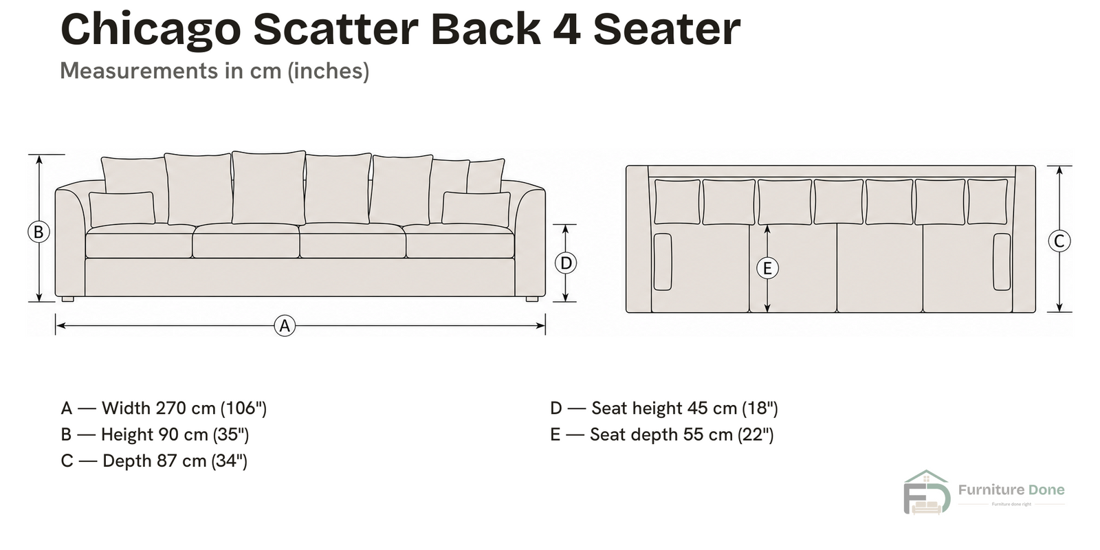 Chicago Scatter Back 4 Seater Sofa dimensions — Furniture Done