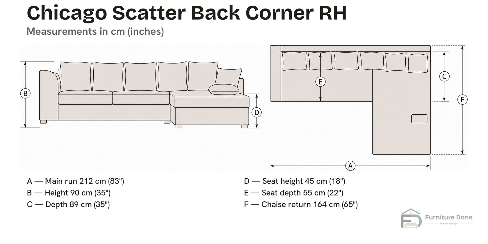 Chicago Scatter Back Corner Sofa RH dimensions — Furniture Done