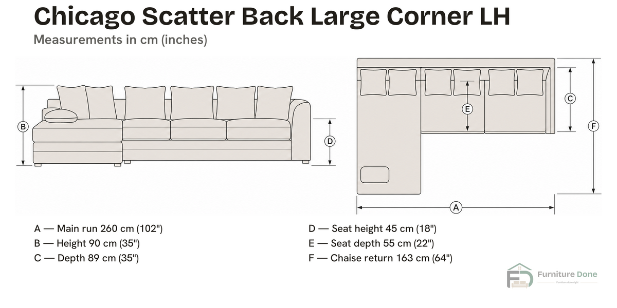 Chicago Scatter Back Large Corner Sofa LH dimensions — Furniture Done