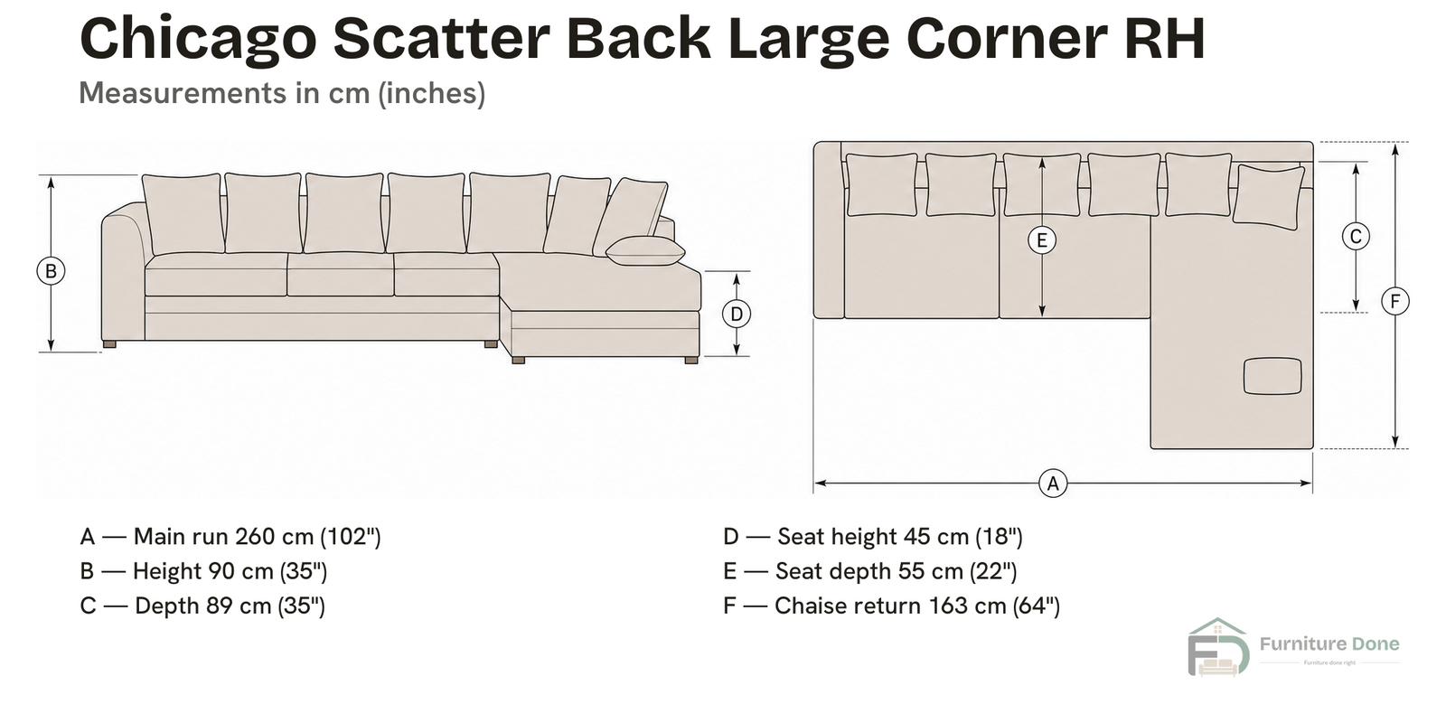 Chicago Scatter Back Large Corner Sofa RH dimensions — Furniture Done