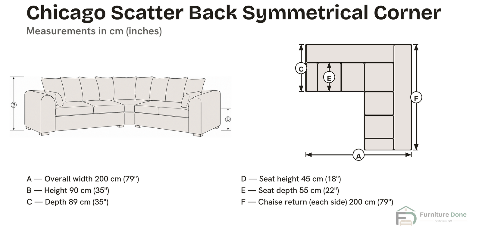 Chicago Scatter Back Symmetrical Sofa dimensions — Furniture Done