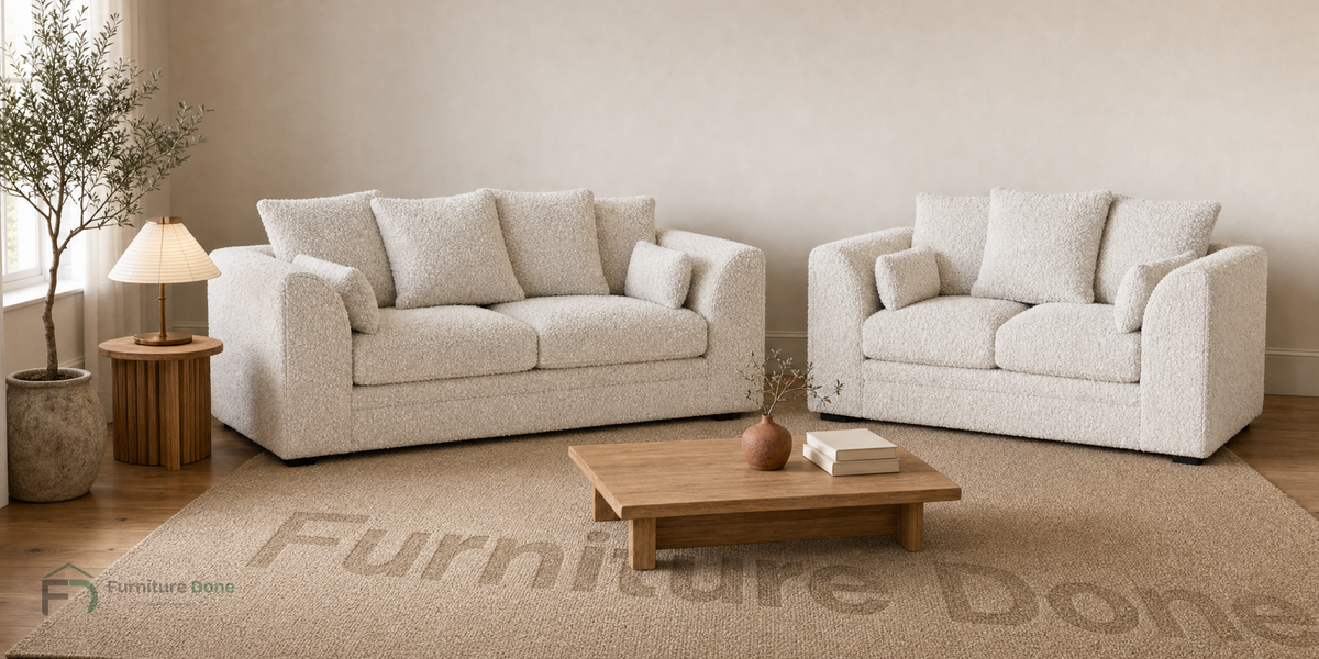 Chicago Scatter Back 2+2 Sofa Set in Teddy Bouclé White — Furniture Done