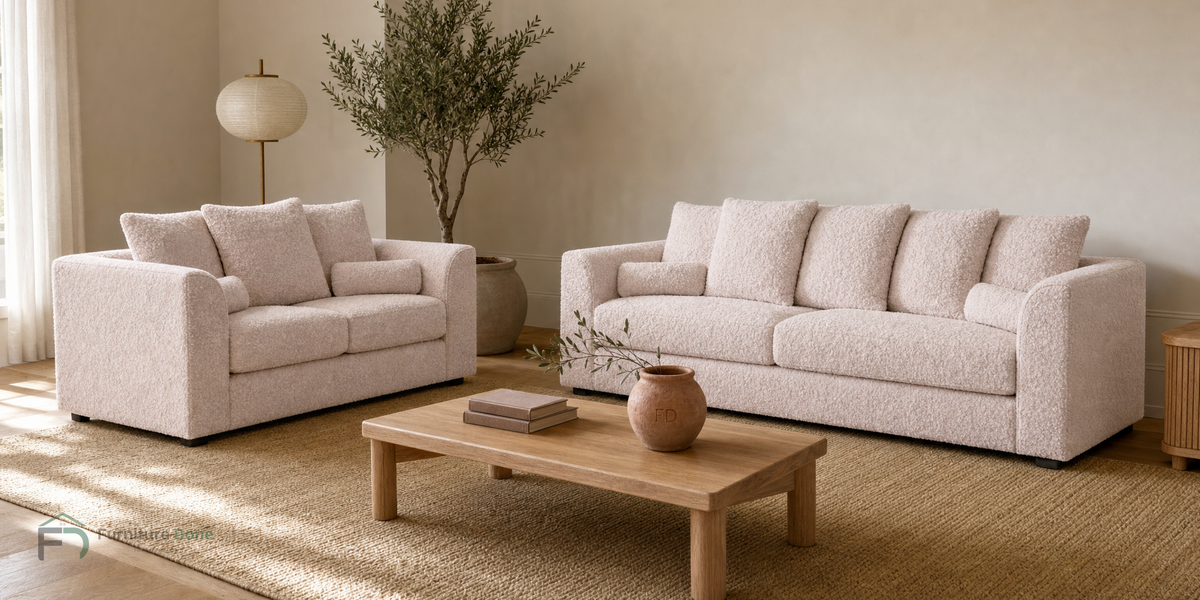 Chicago Scatter Back 3+2 Sofa Set in Teddy Bouclé Pink — Furniture Done