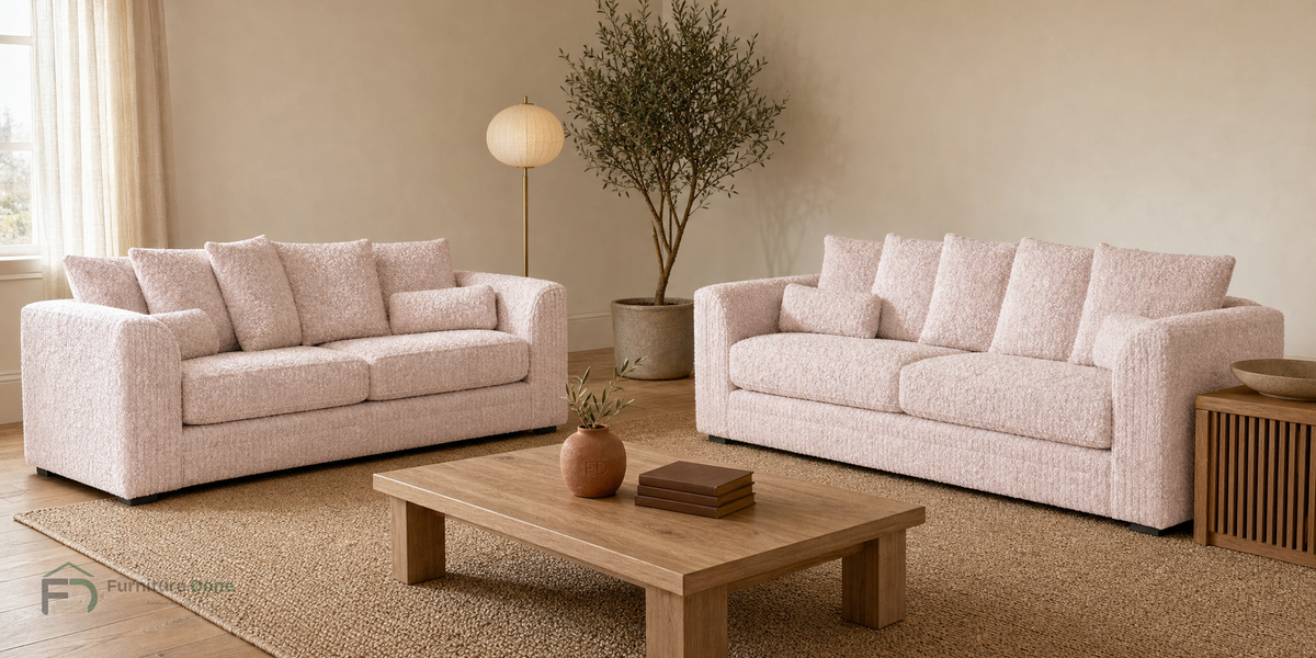 Chicago Scatter Back 3+3 Sofa Set in Teddy Bouclé Pink — Furniture Done
