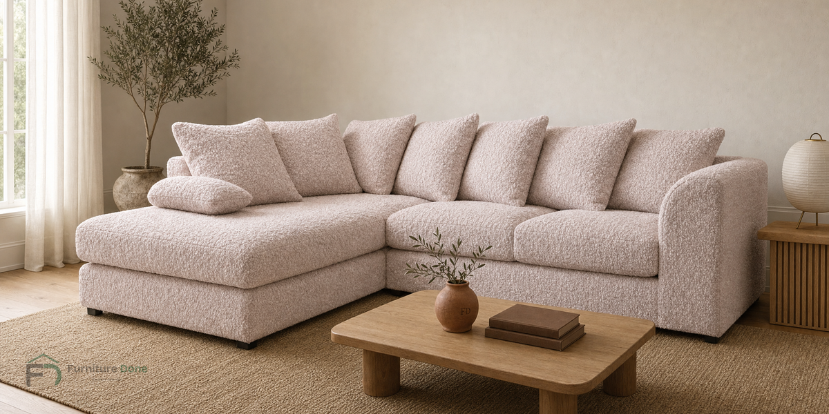 Chicago Scatter Back Corner Sofa LH in Teddy Bouclé Pink — Furniture Done