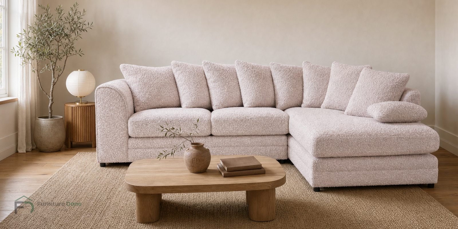 Chicago Scatter Back Corner Sofa RH in Teddy Bouclé Pink — Furniture Done