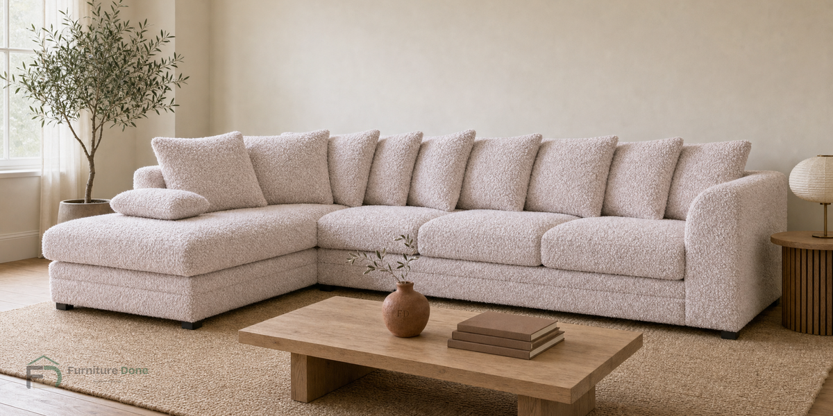 Chicago Scatter Back Large Corner Sofa LH in Teddy Bouclé Pink — Furniture Done