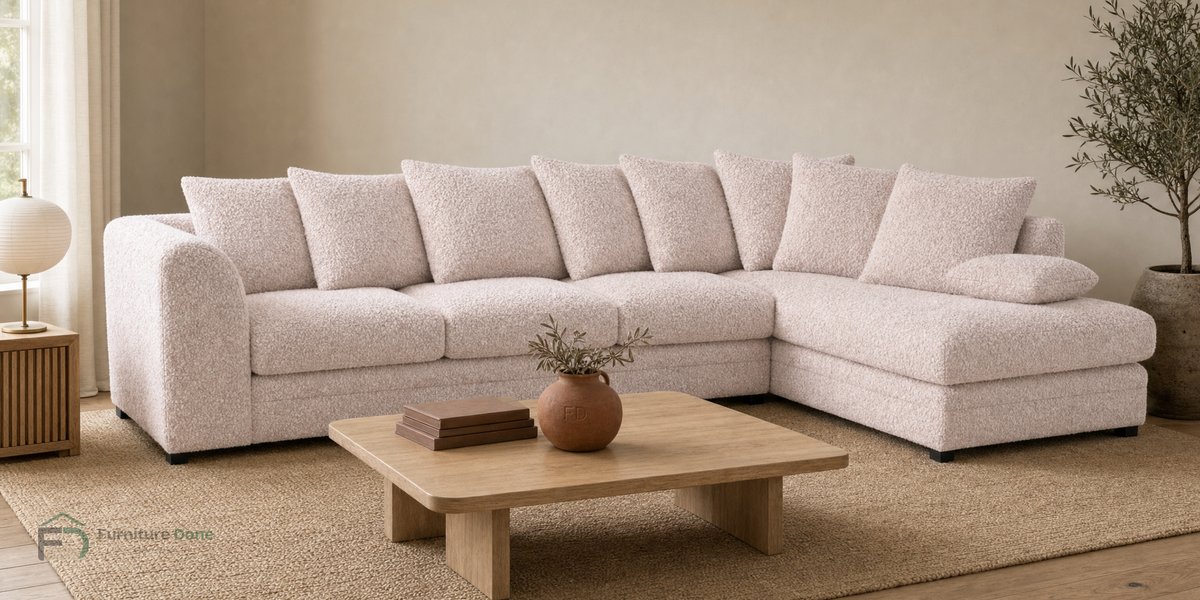 Chicago Scatter Back Large Corner Sofa RH in Teddy Bouclé Pink — Furniture Done