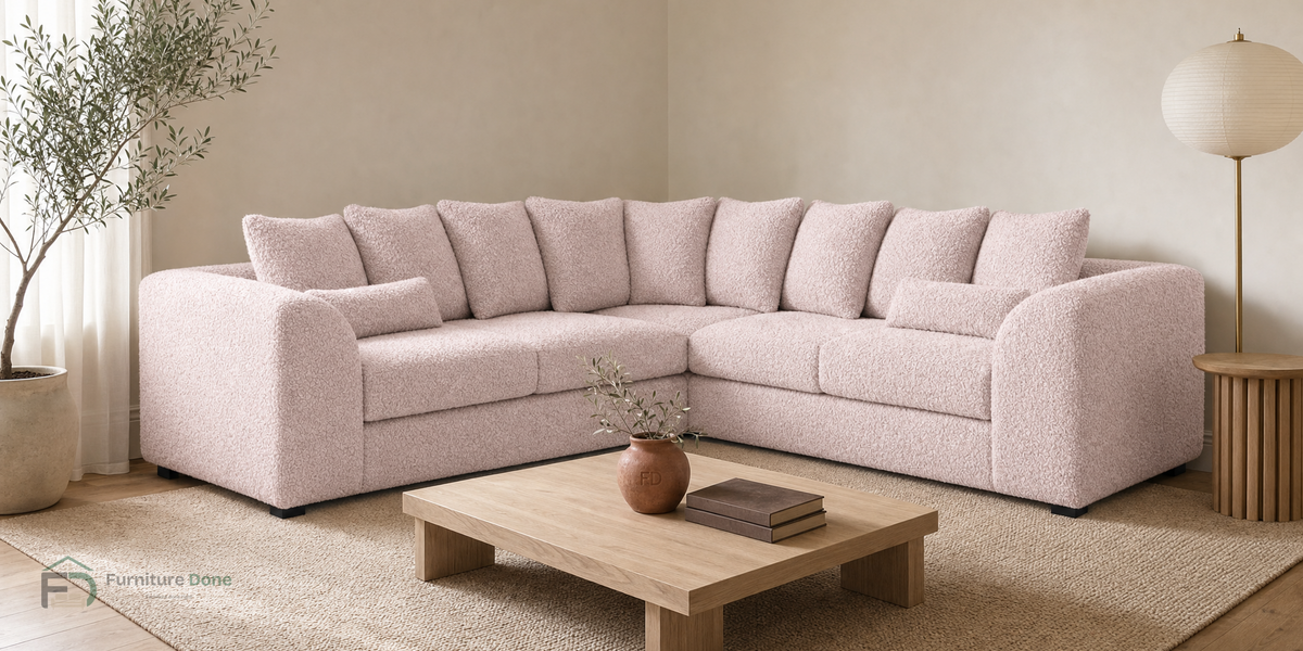 Chicago Scatter Back Symmetrical Sofa in Teddy Bouclé Pink — Furniture Done