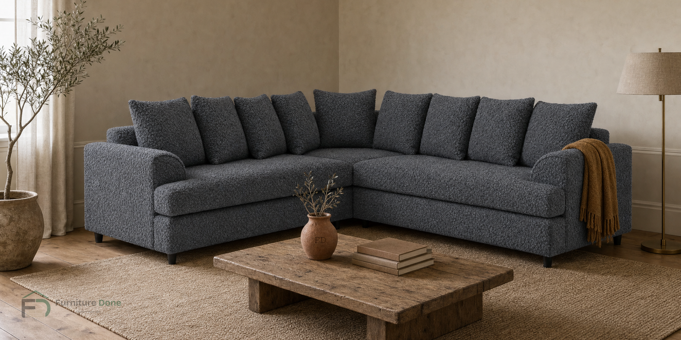 Ferguson symmetrical corner sofa in Teddy Bouclé Grey