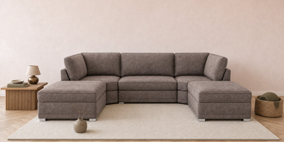Bishop U-shape sofa in Dapple Chocolate with matching footstool in a light living room with a pale oak herringbone floor
