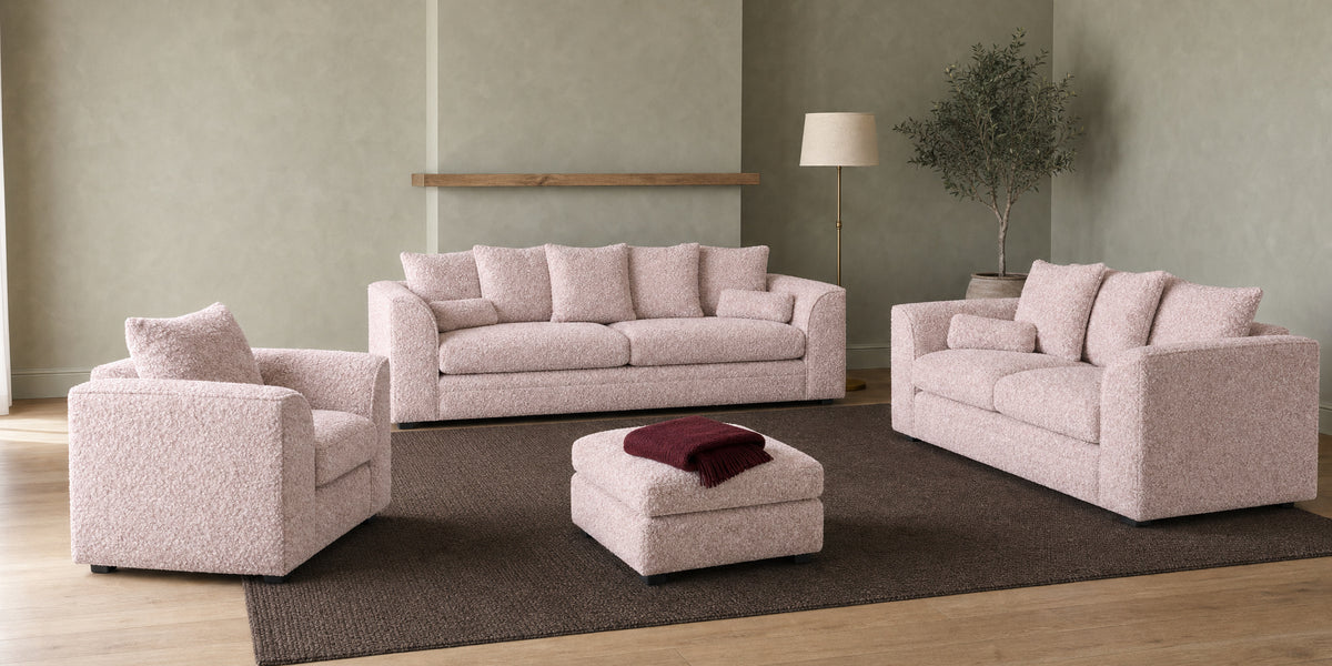 Chicago Scatter Back three-seater sofa, two-seater sofa, armchair and footstool in Teddy Bouclé Pink in a living room