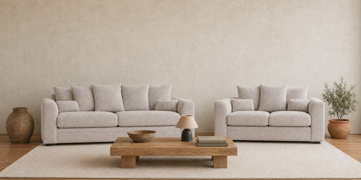 Chicago Scatter Back three-seater and two-seater sofas in Dapple Cream in a warm, light living room