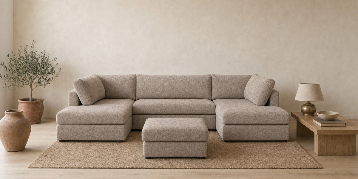 London U-shape sofa in Dapple Caramel with matching footstool in a light living room