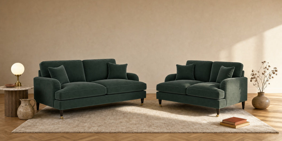 Payton three-seater and two-seater sofas in Plush Velvet Green in a warm living room