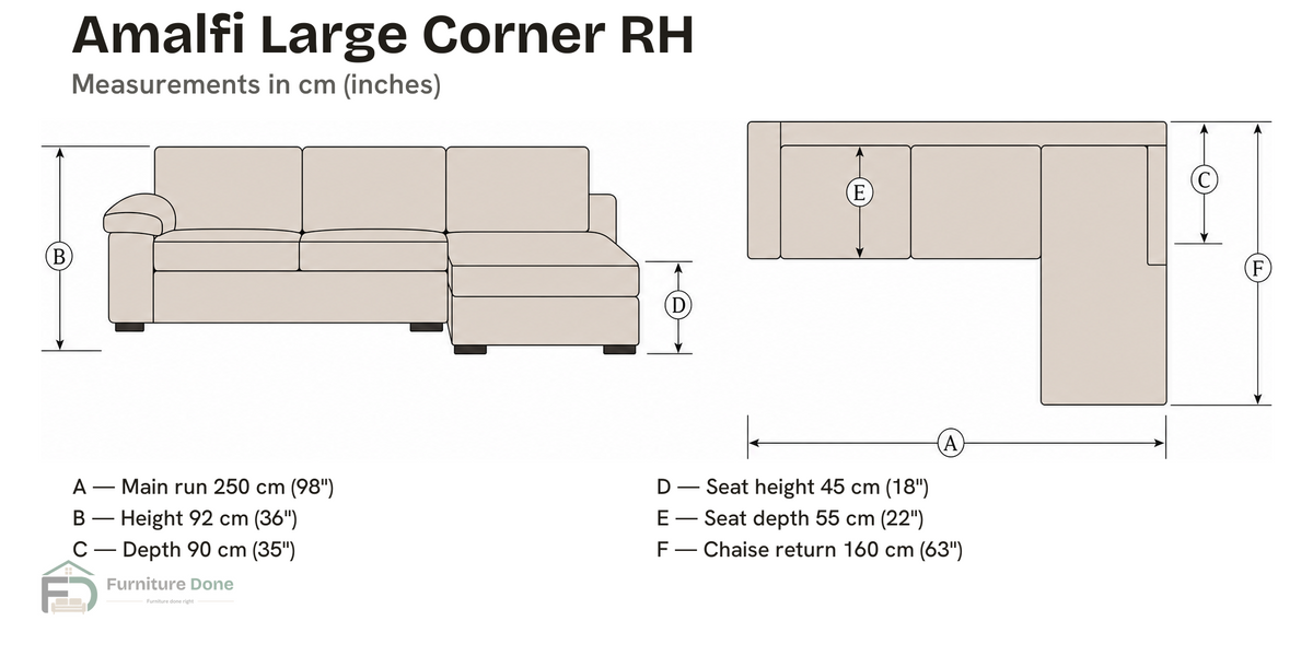 Amalfi Large Corner Sofa RH dimensions — Furniture Done