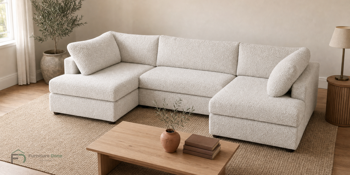 London U Shape Sofa in Teddy Bouclé White — Furniture Done