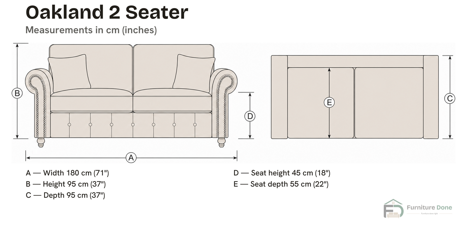 Oakland 2 Seater Sofa dimensions — Furniture Done