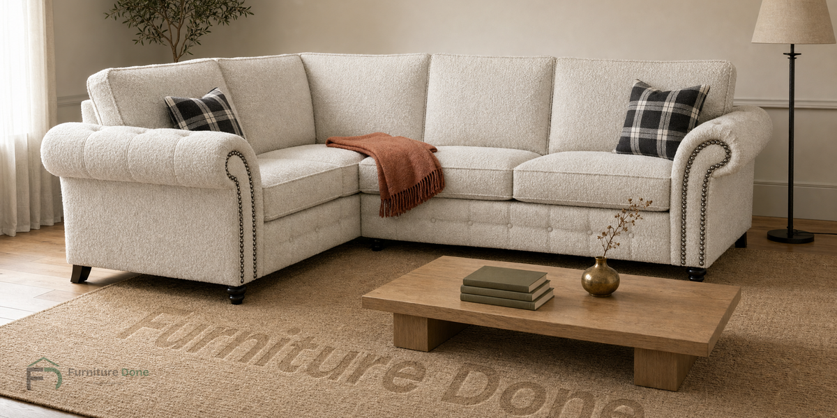 Oakland Corner Sofa LH in Teddy Bouclé White — Furniture Done