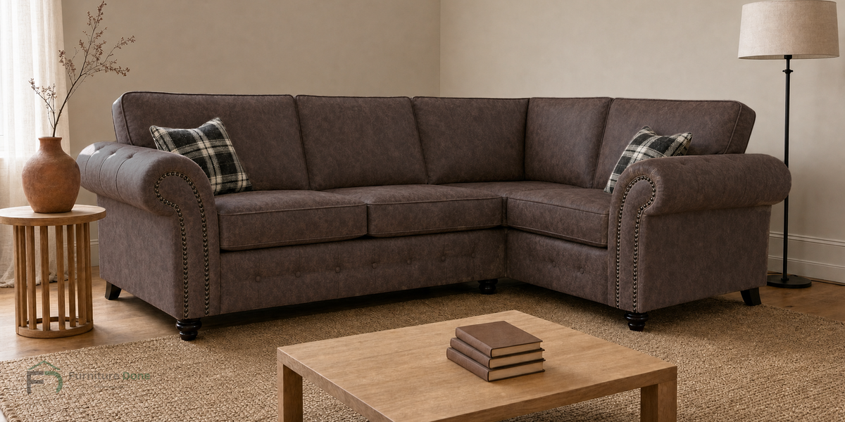 Oakland Corner Sofa RH in Faux Leather Chocolate — Furniture Done