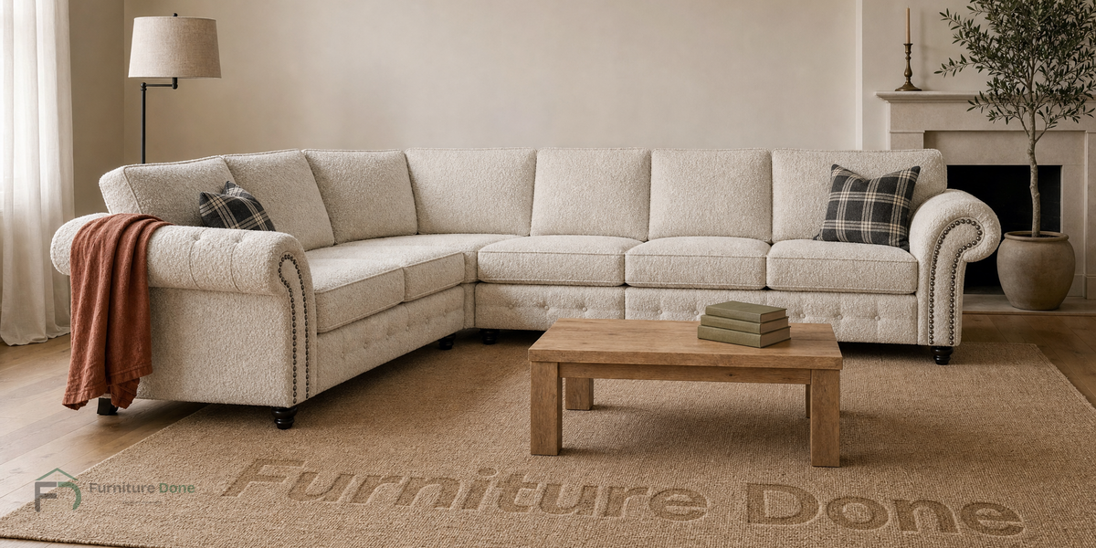 Oakland Large Corner Sofa LH in Teddy Bouclé White — Furniture Done
