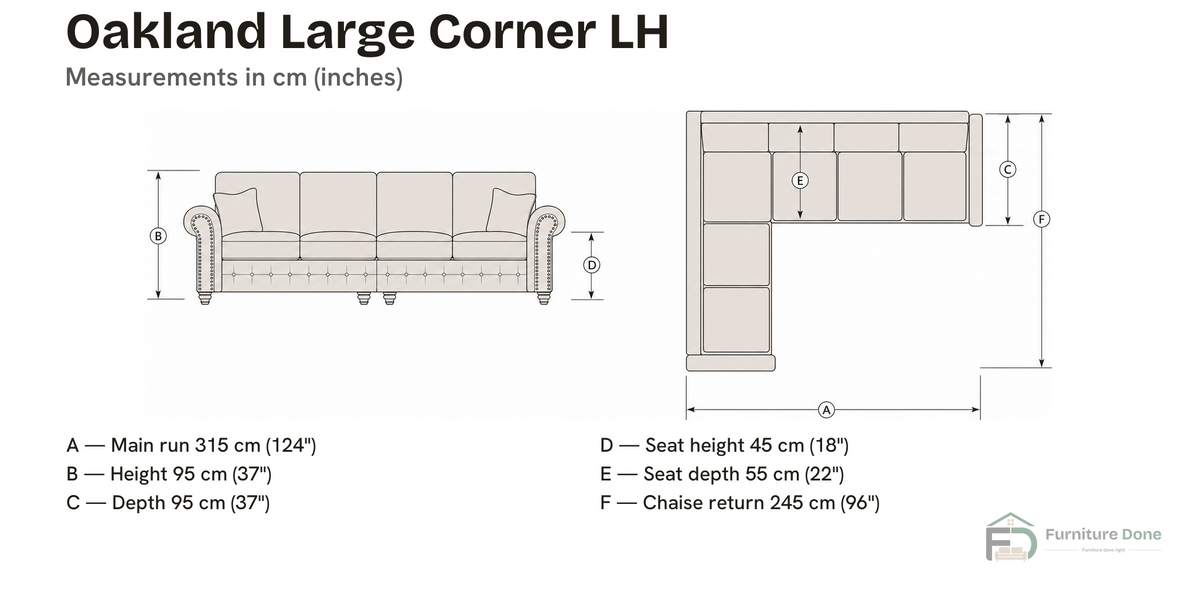 Oakland Large Corner Sofa LH dimensions — Furniture Done