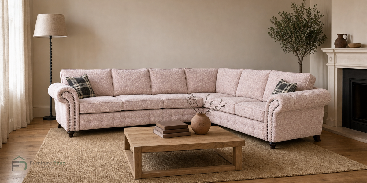 Oakland Large Corner Sofa RH in Teddy Bouclé Pink — Furniture Done