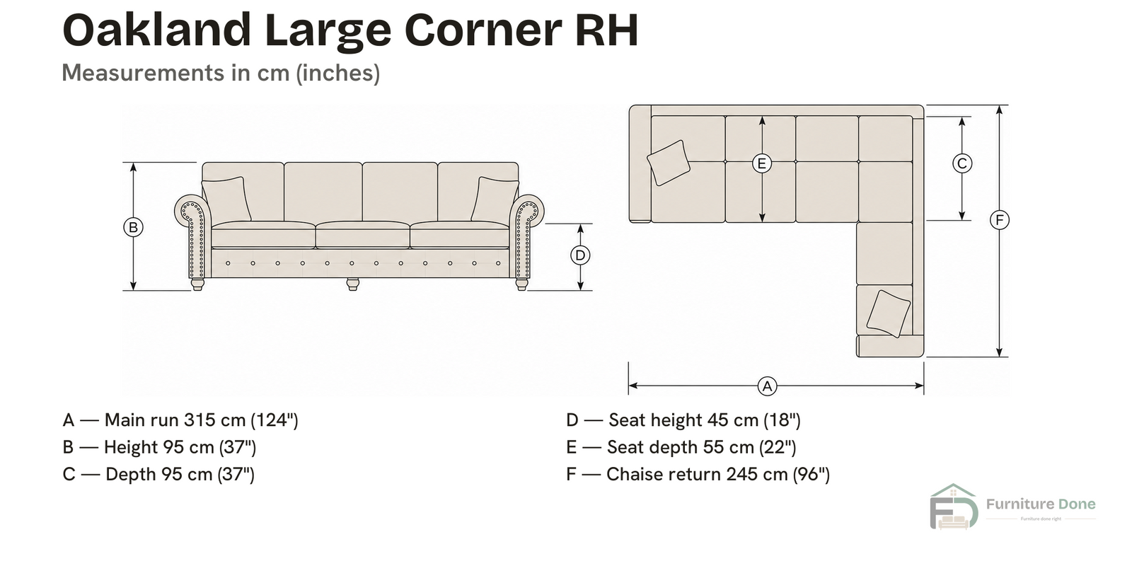 Oakland Large Corner Sofa RH dimensions — Furniture Done